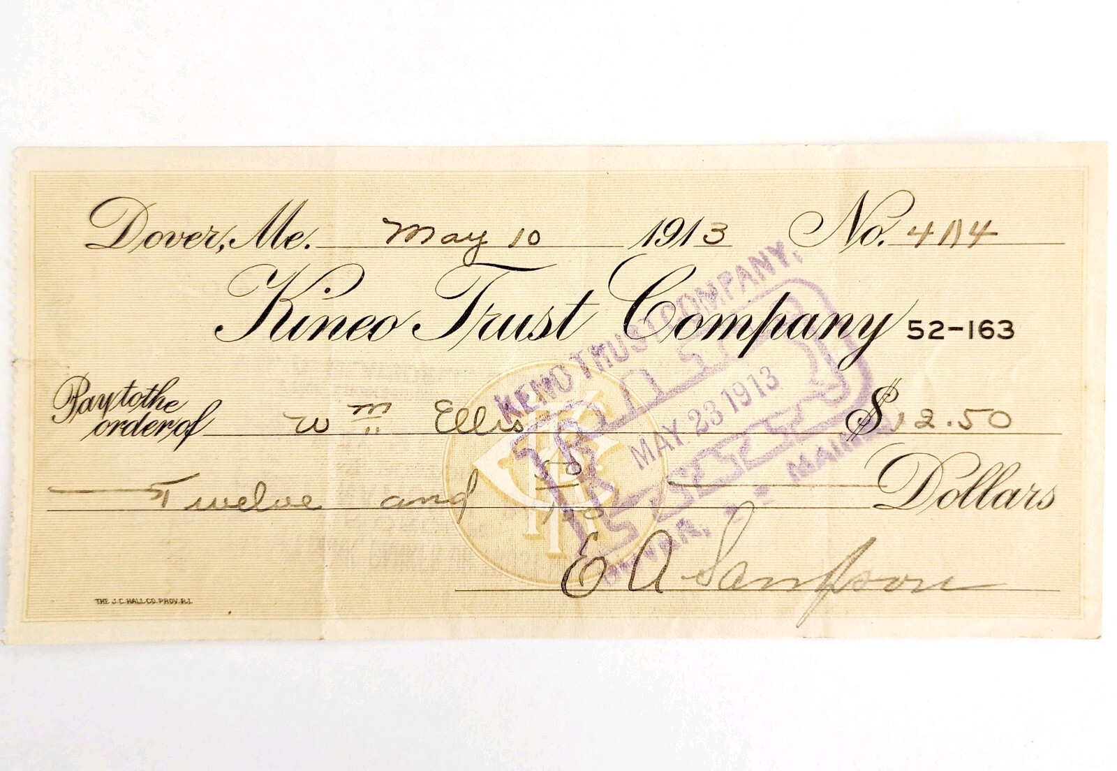 1913 Kineo Trust Company Bank Check E.A. Sampson Dover Maine Signed 4114 CHX5 Item image 2