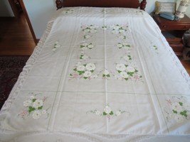 Unused EMBROIDERY PAINT-OUTLINED White FLOWERS Cotton TABLECLOTH - 52&quot; x... - $18.00