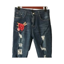 Women’s Blue Skinny Jeans with 2 Roses Embroidery - Size M - £31.86 GBP