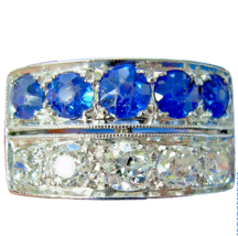 Earth mined Diamond Sapphire Cushion Engagement Ring Antique Deco Platinum Band - £5,317.78 GBP