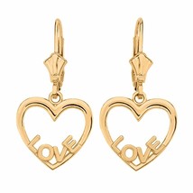 14k Real Yellow Gold Love Heart Drop / Dangle Leverback Earrings - £164.77 GBP