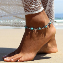 Boho Beach Adjustable Round Turquoise Beaded Anklet - $18.95