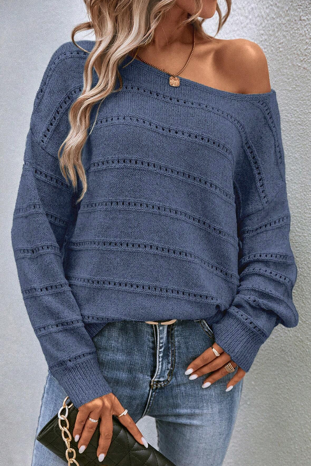 Real Teal Boat Neck Drop Shoulder Pointelle Knit Sweater - $190.80
