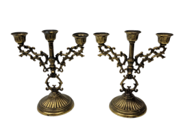 Vintage Brass Triple Candle Holder Candelabra 3 Tier Set of 2 Ornate Filigree 5&quot; - £19.91 GBP