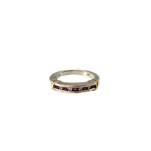 Vtg Sterling Silver 14K Garnet &amp; CZ Round Cut Channel Anniversary Band Ring - £57.44 GBP