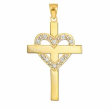 Solid 14k Yellow Gold Cross 0.08 CTW Diamond Heart Pendant Necklace - £154.32 GBP+