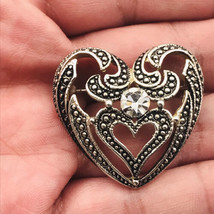 Heart Within a Heart Shaped Silver Tone w/ Clear Rhinestone Pin Brooch 1... - £11.00 GBP