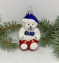 Sitting bear in a blue bow glass Christmas handmade ornament, XMAS decoration - £11.86 GBP