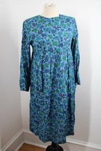 Vtg 50s/60s Blue Floral 14 Woven Cotton Long Sleeve Dress 36&quot; Bust - £42.52 GBP