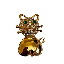 Kitty Cat Pin Brooch Rhinestones Gold Tone Metal - £18.98 GBP