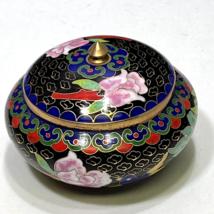 Vtg Cloisonné Covered Round Trinket Box Cobalt Blue Black Pink Roses Bir... - £34.41 GBP