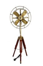 Antique Brass Floor Fan With Wood Tripod Vintage Finish Corded Fan Home ... - $221.73