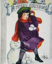 Christmas Postcard Girl Making Snowman Whitney Vintage Antique Original Unused - $20.90