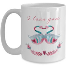 Wife Gift - I Love You - Anniversary Pink Turquoise Swans Heart White Coffee Mug - £11.78 GBP