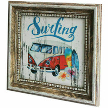 VW Red Bus Van Art Frame Vintage Look 9&quot;x9&quot; Surfing Hippies 60&#39;s Beach House - £31.19 GBP