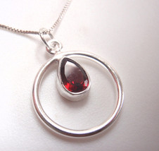 Faceted Garnet Pear-Shaped in Circle 925 Sterling Silver Pendant - £8.43 GBP