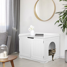 Durable 2 Door Wood Cat Litter Box Enclosure Cat Washroom Storage Bench Home - £93.51 GBP