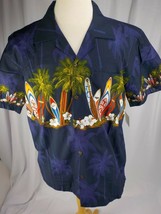 Favant Men Hawaiian Shirt Sz L Black Purple Surfboards Pocket Coconut Buttons - £15.94 GBP