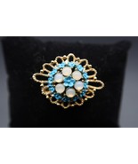 Vtg Gold Tone Blue Enamel Over Metal Flower Brooch W/ Milky Cabachon Acc... - $28.02 CAD