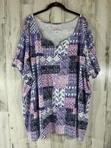 Woman Within Top Size 34/36 4X Blue Pink Patchwork Print Notch Neck - $19.77