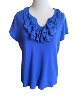 Isaac Mizrahi Shirt Women’s Sz Large Blue Crochet/ Shear Ruffle Around Neckline - £10.23 GBP