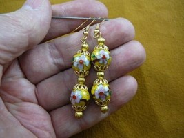 (ee613-4) 12 mm Yellow white flower CLOISONNE 2 bead + cap gold dangle EARRINGS - $21.49