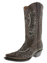 Womens Western Boots Brown Leather Silver Sequins Fleur-De-Lis Wings 4.5, 5.5, 6 - $97.00