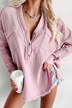 Pink Crinkle Long Sleeve Distressed Split Henley Top - $48.99