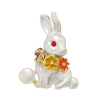Charming Vintage Rabbit  Flower Enamel Brooch with Pearls - $28.95