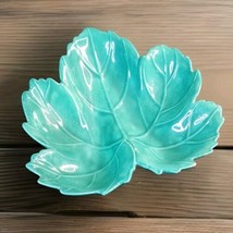 Vintage MCM Candy Nut Trinket Dish Ceramic Teal Green Veined Maple Leaf ... - $14.84