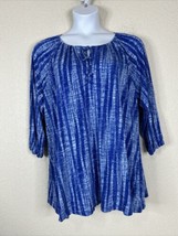 LuLaRoe Womens Plus Size 3XL Blue Stripe Stretch Knit Tie-Neck Top Long Sleeve - £13.82 GBP