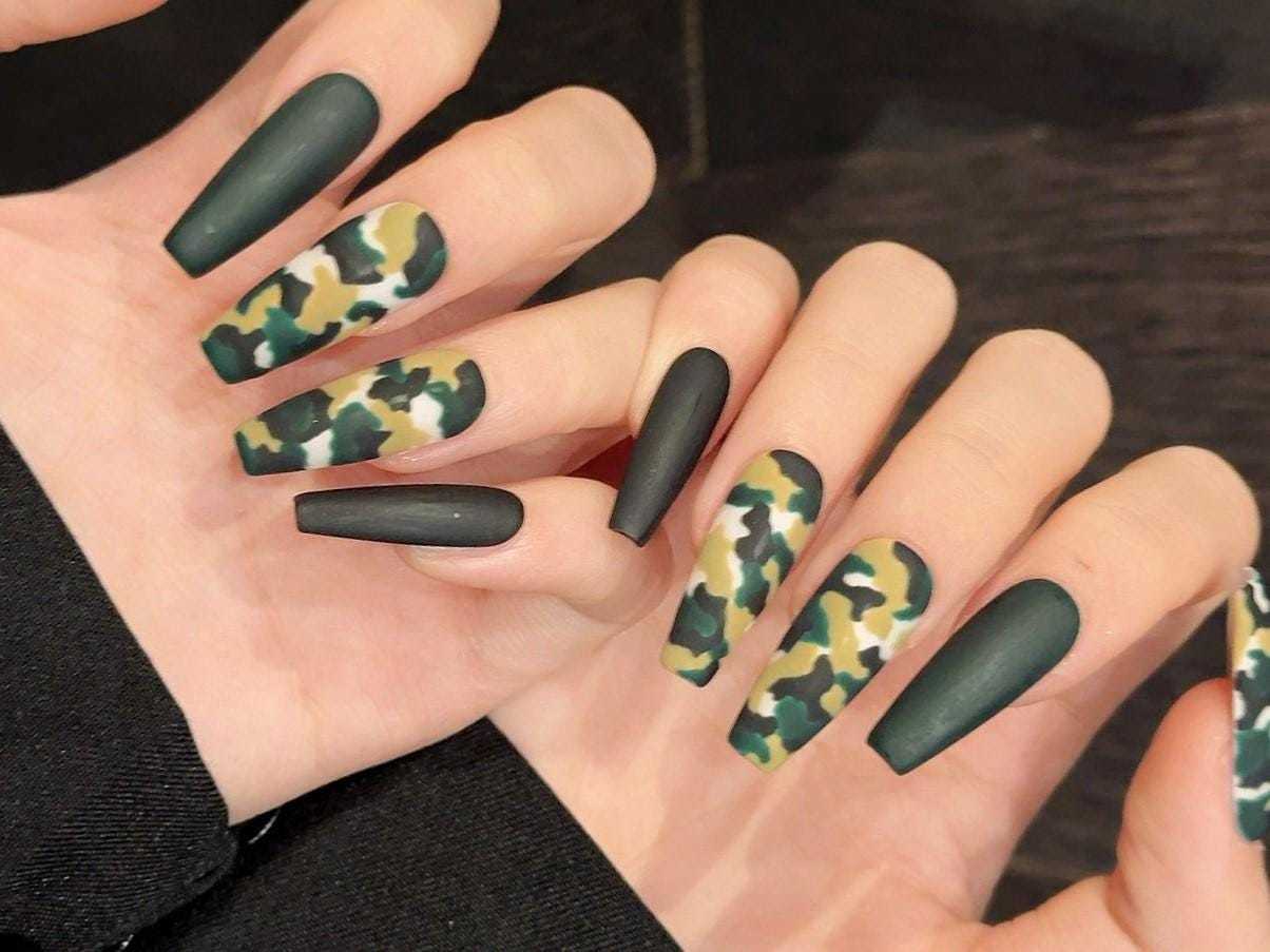 Matte Camo Press-On Nails  Long Coffin Shape  Army Green Camouflage Set ... - $23.99