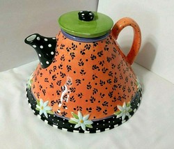 Very Mary Teapot Vtg Me Ink 1998 Engelbreit Bell Bottom Daisy Dots Peach 9&quot; Base - £73.61 GBP