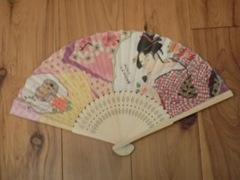 Japanese Art Print Silk Hand Folding Fan Fashion Decor Woman &amp; Flowers Pink - $14.85