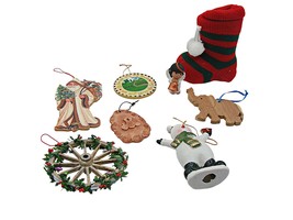 Lot 8 Christmas Holiday Ornaments Elephant Wagon Wheel Snowman Stocking Angel - £17.47 GBP