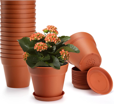 Plastic Terracotta Plant Pots with Drainage Holes and Tray, 16 Pack 4 Inch Thick - £22.80 GBP