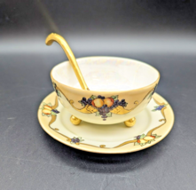 Noritake Soup Bowl, Spoon &amp; Saucer Gilded Gold Hand Painted Peach Grape Design - £30.07 GBP