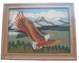 Vtg embroidery Eagle Mountains Crewel Needlework Americana cabincore Wood Framed - £102.86 GBP