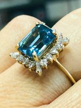 14K Yellow Gold Over 3.70Ct Emerald Cut London Blue Topaz &amp; Diamond Wedding Ring - £69.65 GBP