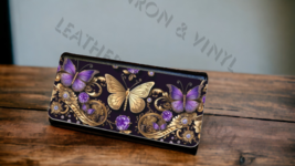 Women&#39;s Trifold Wallet - Butterflies Gold and Purple Design - $24.95