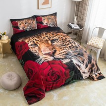 Red Rose Cheetah Bedding Set, Cat Leopard Print Comforter Set,Romantic Flowers D - £82.81 GBP