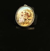 Antique Rare Sterling Silver Hand Painted Courting Couple Porcelain Pendant - £155.06 GBP