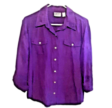 Chicos Design 2 Silk Linen Blouse Purple Button Up Blouse Top Roll Tab Sleeve - £18.37 GBP