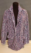 Chicos Size 1 Medium Ladies Pink Blue Cotton  Tweed Blazer Jacket Fringe... - £23.42 GBP