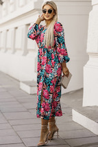 Fiery Red V Neck Elastic High Waist Split Floral Dress - $16.45