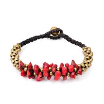 Surfer Inspired Red Coral &amp; Brass Beads Cluster with Bell Toggle Bracelet - £9.29 GBP