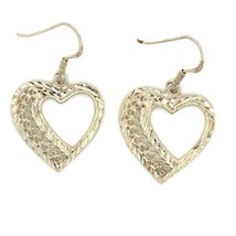 Vintage Signed Sterling Silver NF Carved Etched Open Heart Dangle Hook Earrings - £31.75 GBP