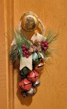 Rustic Multicolor Jingle Bell Cluster Door Hanger w/ Pine &amp; Holly Christ... - £19.35 GBP