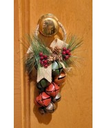 Rustic Multicolor Jingle Bell Cluster Door Hanger w/ Pine &amp; Holly Christ... - £19.54 GBP