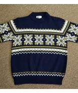 Vintage 1970&#39;s Men&#39;s Snowflake Navy Blue Ski Sweater Silton - £38.66 GBP